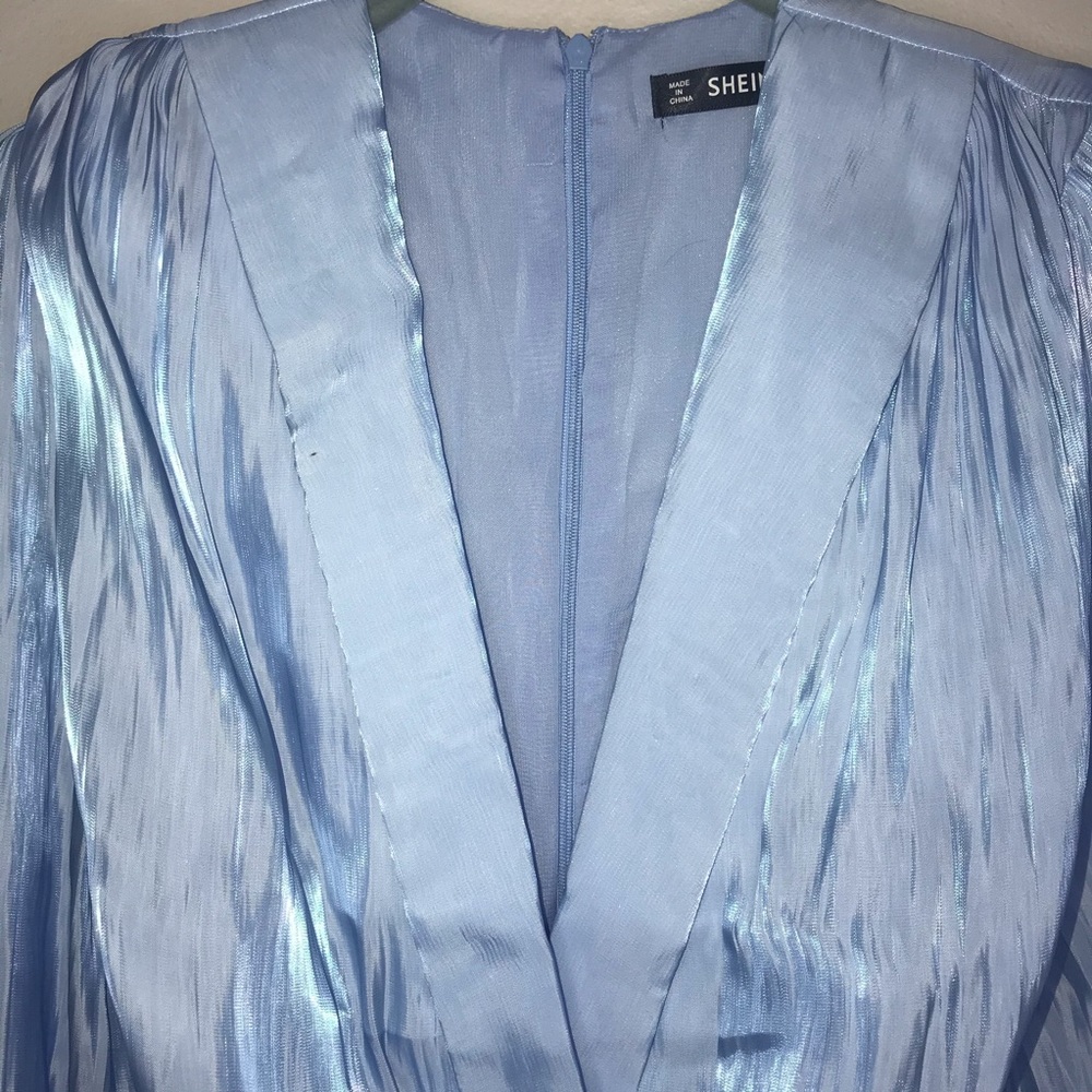 Shein Solid Ruffle Hem Satin Belted Romper - Picture 5 of 9